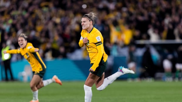 Steph Catley pictured celebrating after scoring for Australia against Ireland at the 2023 FIFA Women's World Cup
